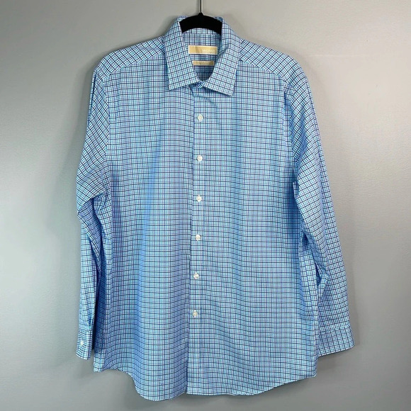 MICHAEL Michael Kors Mens Blue Micro Plaid Dress Shirt Non Iron Long Sleeve 16.5 - Picture 14 of 14